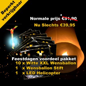 Feestdagen voordeelpakket Dit wensballon pakket bestaat uit 10 witte wensballonnen Dit pakket met wensballonnen is speciaal samengesteld voor de jaar wisseling of nieuw jaarfeesten. NU met gratis Stift om uw wensen op de ballon te schrijven + LED Helicopter twv €4,95